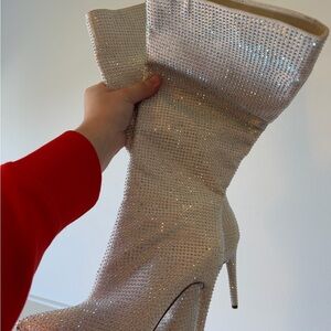 Rhinestone Embellished Knee-High Stiletto Boot - Ivory